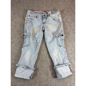 VTG No Bounderies Cargo Jeans Womens 11 Light Wash Cuff Utility Y2K Grunge Retro